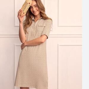 J McLaughlin XS Beige Geometric Shirt Dress Stretch Travel Casual Catalina Cloth
